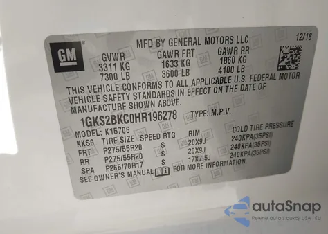 2017 GMC Yukon Slt from USA, damaged, VIN 1GKS2BKC0HR196278